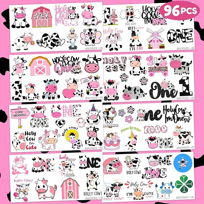 Holy Cow Im One Temporary Tattoos 8 Sheets 70 PCS Cow First Party Decorations Supplies Favors Farm Cow Theme Birthday Cute Stickers Christmas Gifts for Boys Girls Class School Prizes Carnival