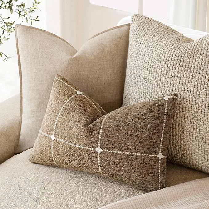 Foindtower Pack of 2 Decorative Faux Linen Jacquard Check Throw Pillow Covers Farmhouse Lumbar Cushion Cover with Grid Textured Accent Pillowcase for Couch Living Room Home Decor,12×20 Inch,Tan Khaki