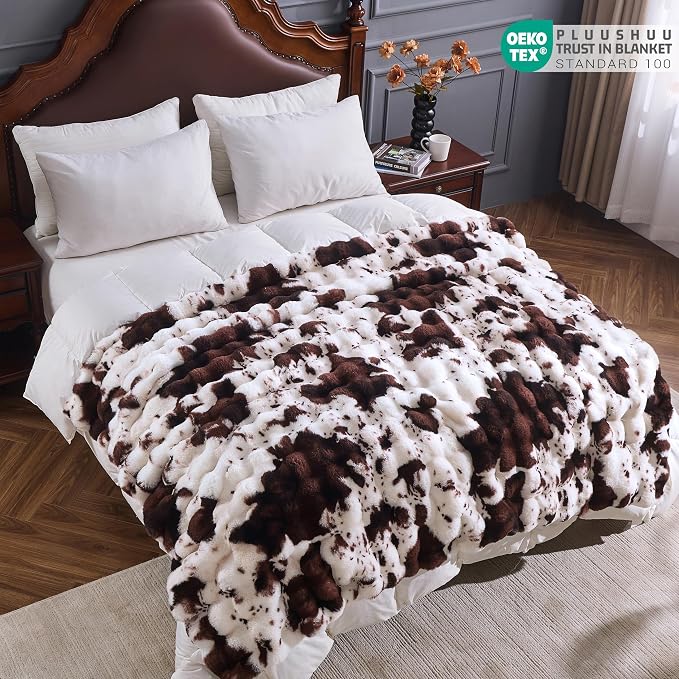 Faux Fur Throw Blanket for Couch, Fluffy Fuzzy Plush Bubble Blanket, Soft Warm Cozy Shaggy Rabbit Blanket, Luxury Decorative Gifts for Sofa Bedroom Living Room, 108x90inch (Cow Print-Brown)