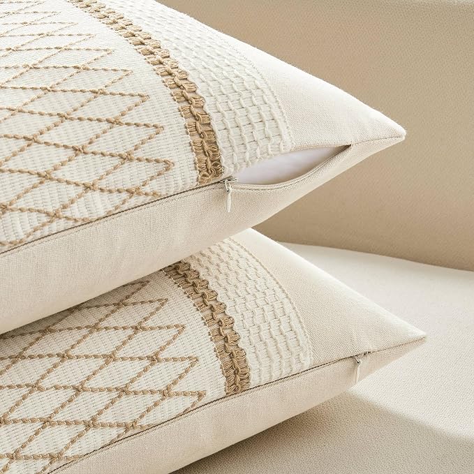 2 Pack Boho Throw Pillow Covers, Grid Brown 16x16in | Soft Breathable Cotton, Farmhouse Decorative Couch Pillow Cases, Cushion Covers for Sofa Bed Living Room Home Decor