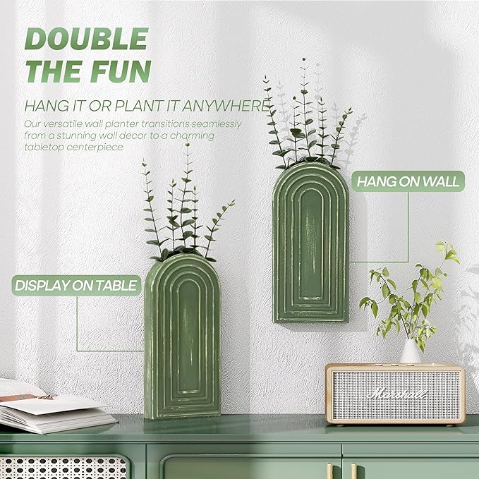 EOSAHR Wall Vase for Flower: Wall Planter Holder for Boho Wall Decor, Green | 2Pcs, Pine Wood, 3D Embossed Lines, Round Corner Design, for Both Wall & Desktop, Green Wall Decor, Wall Art for Bedroom
