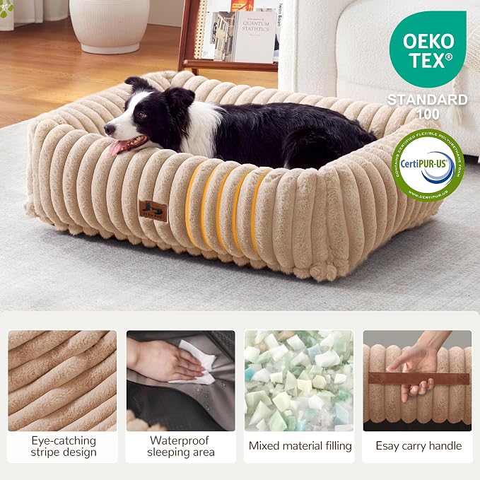 Dog Beds Large Sized Dog,Rectangle Orthopedic Pet Bed for Large Dog, Comfort Fluffy Memory Foam Dog Beds with Anti-Slip Bottom,Camel (35x25x9 inches)