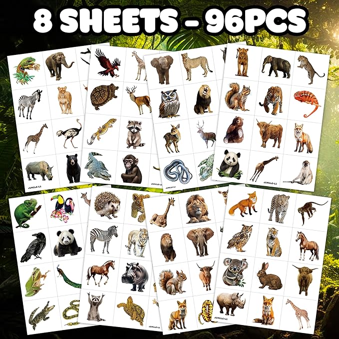 96 PCS Realistic Wildlife Jungle Animal Pre-Cut Temporary Tattoos Sticker Reptile Birthday Party Decorations Supplies Favors Gifts Boys Girls Zoo Cute Fake Tattoo School Reward Themed (Normal)