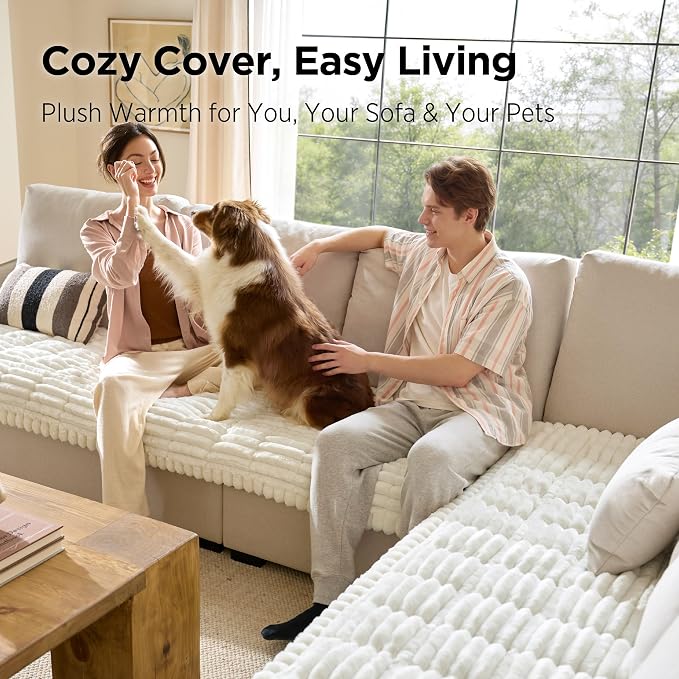 Bedsure Comfyfleece™ Sofa Cover, Couch Covers for Dogs, 27.6 x 59 White | Non-Slip, 300gsm Thick Quilted Padding, Ultra-Soft Corduroy Flannel, Machine Washable, for Standard Loveseat/2-Seater Couch