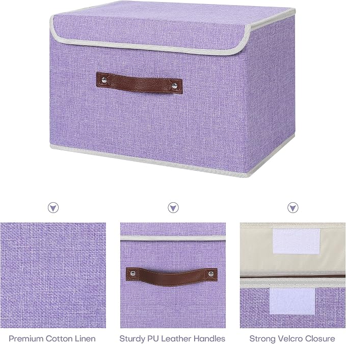 ANMINY Fabric Storage Box Bins with Lids, Purple, 15"x10"x10", 4 Pack | Keepsake Memory Storage, Cotton Linen, PP Board Reinforced, Washable, PU Handles, Foldable & Stackable, Decorative, Large