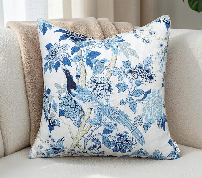Chinoiserie Bird Hydrangea Print 20x20 Throw Pillow Cover, Blue | Blue bird and hydrangea floral on off-white slub, tan piping; both sides printed; hidden; cover only