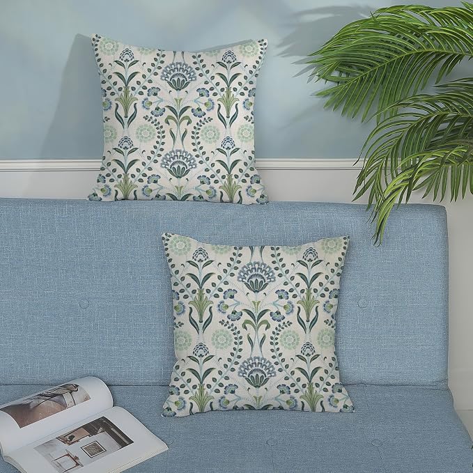 Blue Green Pillow Covers 18x18 Inch Set of 2 Boho Floral Decor Throw Pillows Vintage Block Print Flower Outdoor Linen Decorations Pillowcase Linen Cushion Cover for Couch