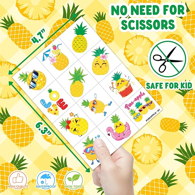 96PCS Pineapple Pre-Cut Temporary Tattoos for Kids | Super Cute Themed Birthday Party Favors, Supplies, Decorations, Cute Funny Fruit Fake Tattoo Stickers, School Rewards Prizes & Gifts For Boys Girls