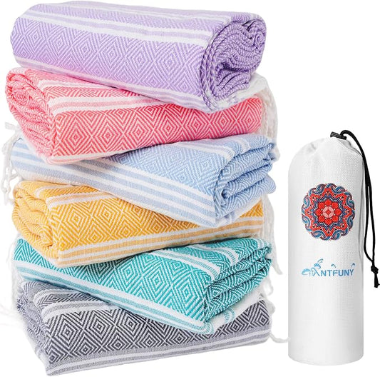 Antfuny 6 Packs Turkish Beach Towels Oversized Swim Set Bulk Quick Dry Bath Pool XL Big Blanket Adult Travel Essentials Cruise Accessories Sand Free Extra Large Must Have Clearance Vacation Stuff
