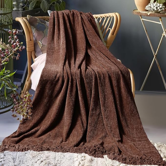 Chenille Throw Blanket for Couch 60" x 80" Twin, Dark Brown | Soft Cozy Warm Throws with Fringe Tassel Living Room Bed Sofa Chair Cover, Lightweight Knitted Boho Blankets Fall Decor