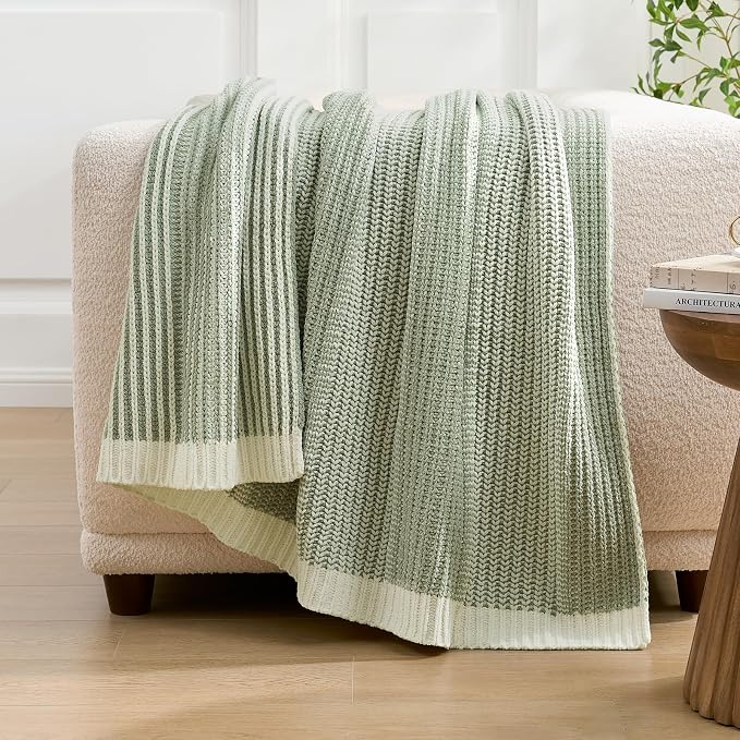 Checkered Chenille Throw Blanket, Soft Cozy Luxury Classic Knitted Blanket for Sofa, Couch, Bed, Living Room, Lightweight Warm Home Decor (Two-Tone Sage Green, 60" X 80")