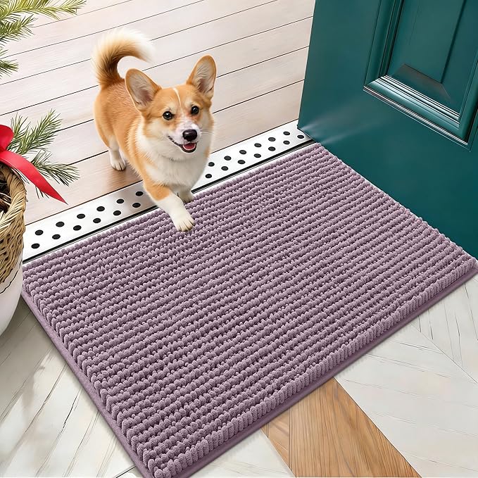 OLANLY Dog Door Mat for Muddy Paws 24x16, Extra Absorbent Chenille Mud Mat | Deep Plum, Absorbs Moisture and Dirt, Non-Slip Machine Washable Doormat, Quick-Drying Indoor Entryway Floor Mat for Dogs