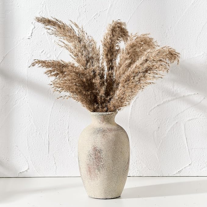 PORCER Ceramic Rustic Flower Vase, 8.27 Inch Vintage Pottery Home Decor, Antique Farmhouse Terracotta Vase for Living Room, Table, Shelf, Mantel Decoration, Farmhouse - Natural Brown