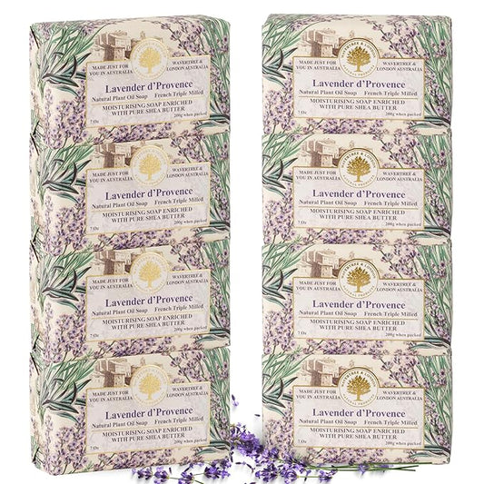 Wavertree & London Lavender D'Provence Scented Natural Soap (8 Bars), 7oz Moisturizing French Triple Milled Soap Bars enriched with shea butter - Pure Plant Oil Bath & Body Bars for All Skin Types