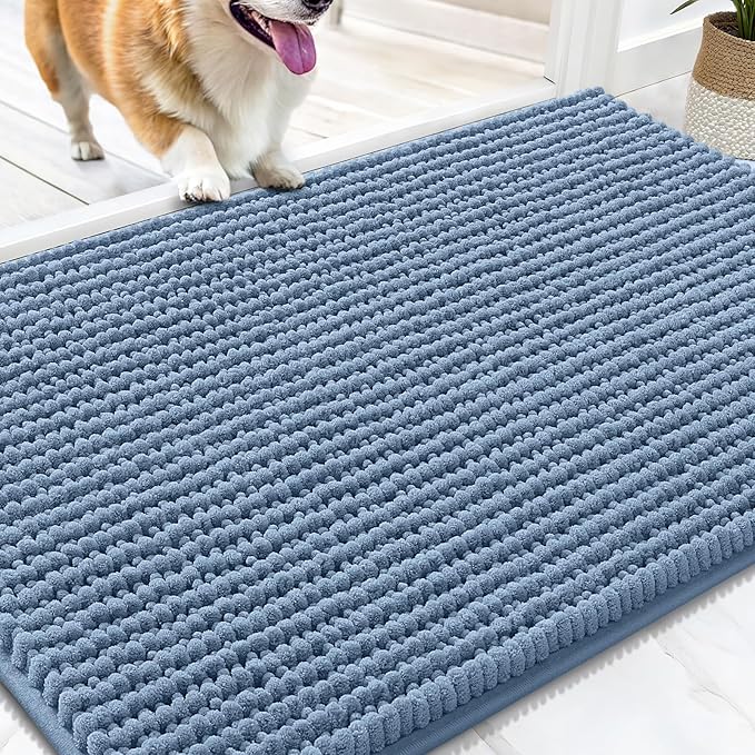 OLANLY Dog Door Mat for Muddy Paws 30x20, Extra Absorbent Chenille Mud Mat | Airy Blue, Absorbs Moisture and Dirt, Non-Slip Machine Washable Doormat, Quick-Drying Indoor Entryway Floor Mat for Dogs