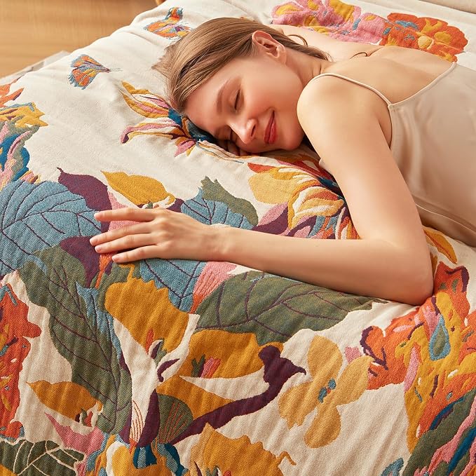 LUTBM Throw Blanket for Bed, 100% Cotton Boho Lightweight Quilt, Room Decor | Reversible 90"x98" Floral Butterfly Blankets, All-Season, For Chair Sofa Couch Room, Breathable Soft Bedspread for Summer