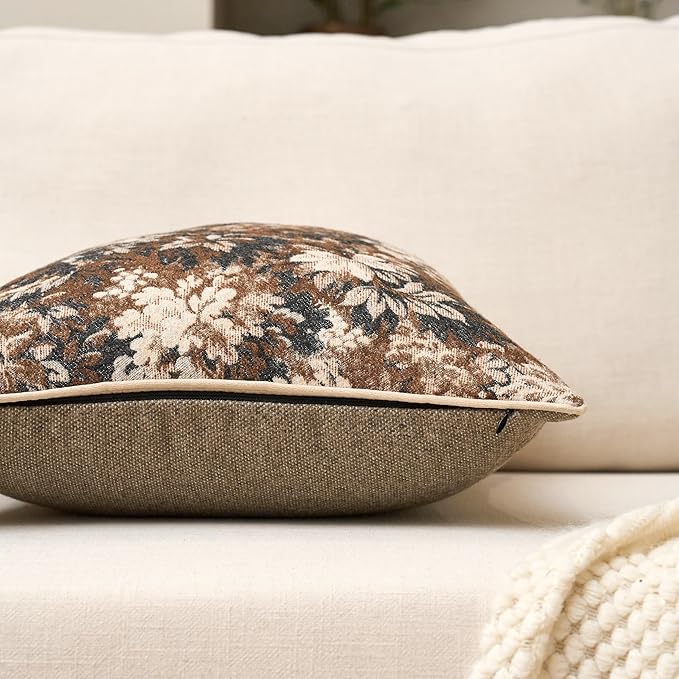Neutral Floral Pillow Cover 18 x18 Inches, Vintage Chenille Square Throw Pillow Cover Soft Decorative Farmhouse Accent Couch Pillow Cover for Living Room Bedroom, Coffee Brown