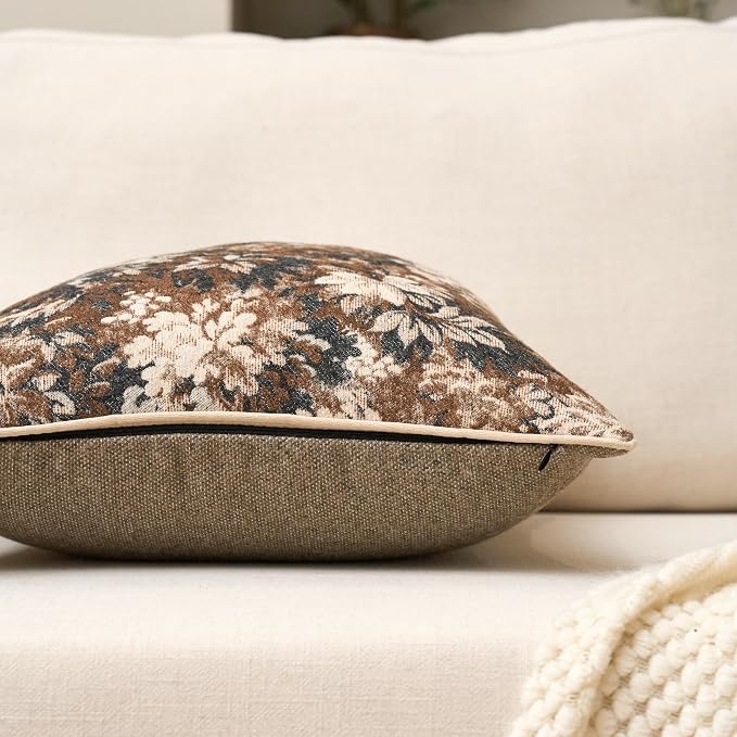 Neutral Floral Pillow Cover 24 x 24 Inches, Vintage Chenille Square Throw Pillow Cover Soft Decorative Farmhouse Accent Couch Pillow Cover for Living Room Bedroom, Coffee Brown