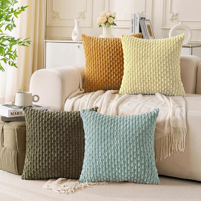 Set of 4 Pale Yellow Decorative Throw Pillow Covers 18x18 Inch Corduroy Pillow Covers for Bed Couch Sofa Living Room Soft Square Cushion Cases