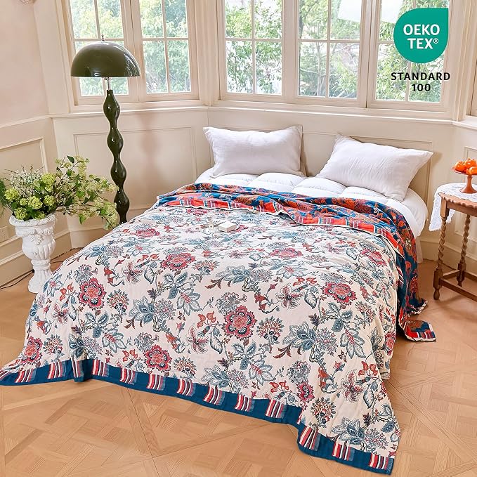 MSGKV Boho Throw Blanket 90"x90" 100% Cotton Farmhouse Butterfly Throw | Floral Pattern, Queen Size Blanket, Muslin Throw, Reversible Woven, Lightweight Comfort, All Season Use, Machine Washable