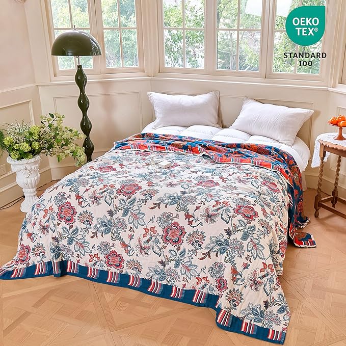 MSGKV Boho Throw Blanket 90"x108" Summer Cotton Floral Blanket for King | Muslin Throw, Floral Pattern, Reversible Woven, Lightweight Comfort, King Size Blanket, Farmhouse Decor, Machine Washable