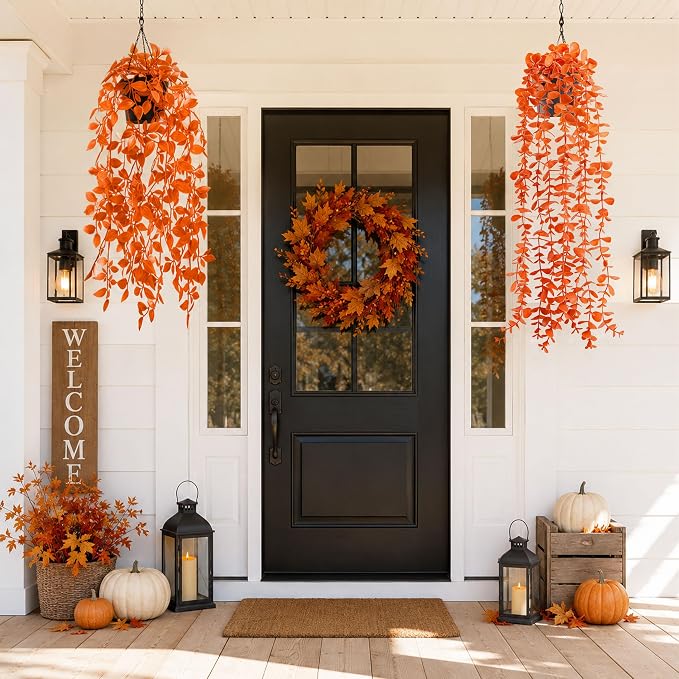 Der Rose 2Pcs Fake Fall Hanging Plants for Home Bathroom Wall Outdoor | Orange artificial hanging plants for autumn decor accents, fall bathroom and kitchen decor, porch, patio and covered decor