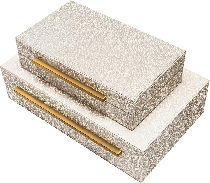 Sagala Set of 2 Beige Shagreen Decorative Boxes With Gold Metal Handles, Faux Leather Jewelry Boxes Modern Storage Boxes Photo Boxes Memory Boxes Home Organizer (Beige-Gold Handle)