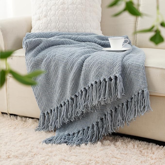 BATTILO HOME Blue Grey Throw Blanket for Couch, Knit Throw Blanket, 50"x60" | Super Soft Dusty Blue Throw Blanket with Tassels, Knit Blanket for Bed,Sofa and Living Room