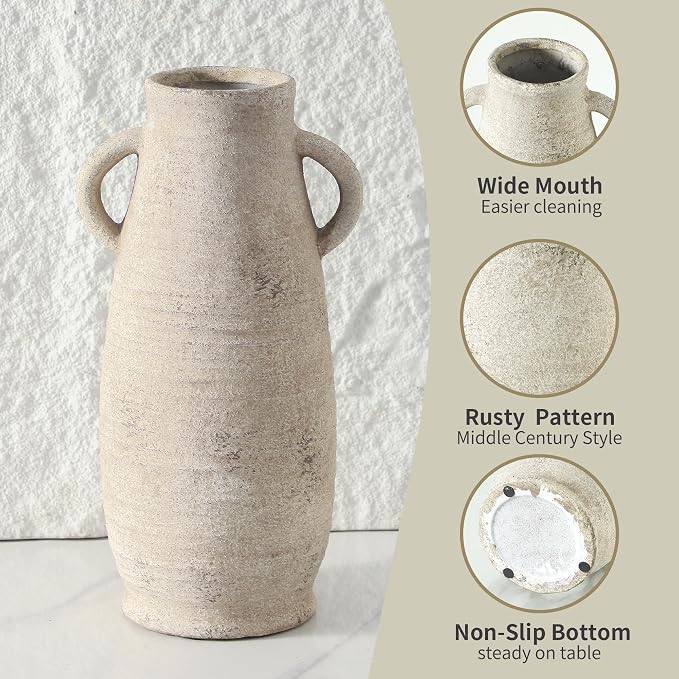 Ceramic Rustic Farmhouse Vase, Distressed Decorative 12 Inch Flower Vase for Home Decor, Ideal Shelf Decor, White Boho Vase for Living Room Bedroom Kitchen Office Decor Centerpiece Table Decorations