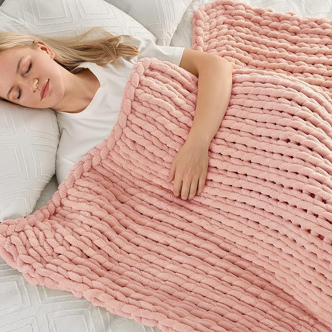 Maetoow Chenille Chunky Knit Blanket,Handmade Cozy for Home Decor,40×50,Rose Pink