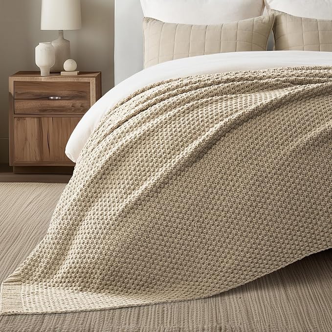 EVERGRACEHOME Chunky Chenille Knit Throw Blanket, 90 x 90, Sand Dune | Sculpted Moss Stitch, Chic Modern Farmhouse, All-Season Warmth, OEKO-TEX® Certified, Oversized Queen for Couch, Bed, Sofa