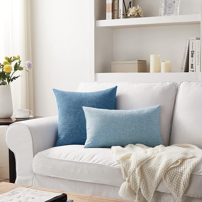Meekio Set of 2 Blue Pillow Covers 18 x 18 Inch Farmhouse Boho Decorative Throw Pillow Covers Linen Cushion Covers for Sofa Couch Décor