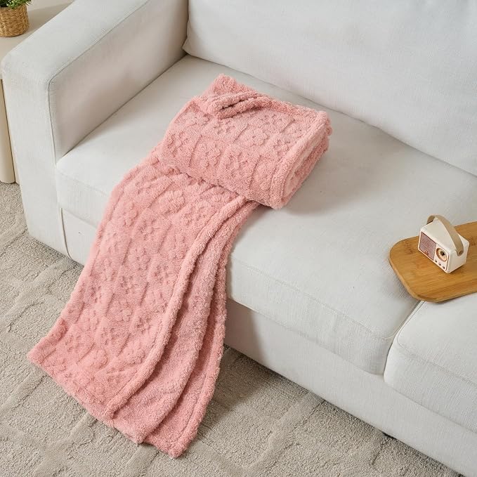 Pink Floral Plush Throw Blanket 50 x 60 Inch, Soft Fuzzy Fleece, Cozy Decorative Blanket for Couch, Sofa, Bed and Bedroom