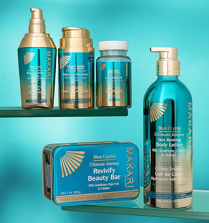 MAKARI Blue Crystal 2 Piece Gift Set & Free Makeup Bag - Brightening Bar Soap & Body Lotion Formulated with Glutathione for All Skin Types, Botanical Self Care Kit for Women