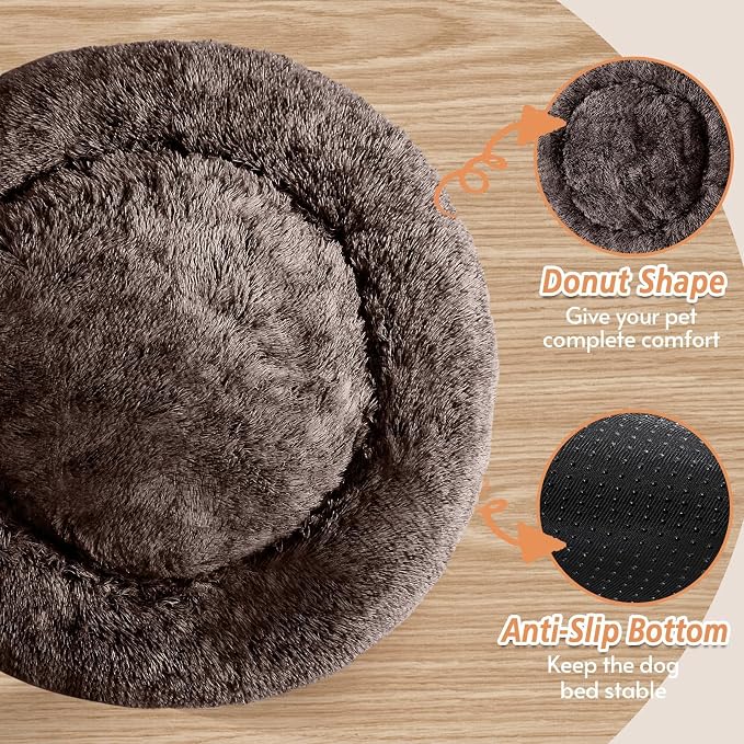 JOLLYVOGUE Calming Dog Bed Medium Size Dog, 31in Donut Washable Medium Pet Bed, Anti-Slip & Anti-Anxiety Fluffy Faux Fur Round Dogs Bed, Fits up to 45 lbs Pets (Chocolate)