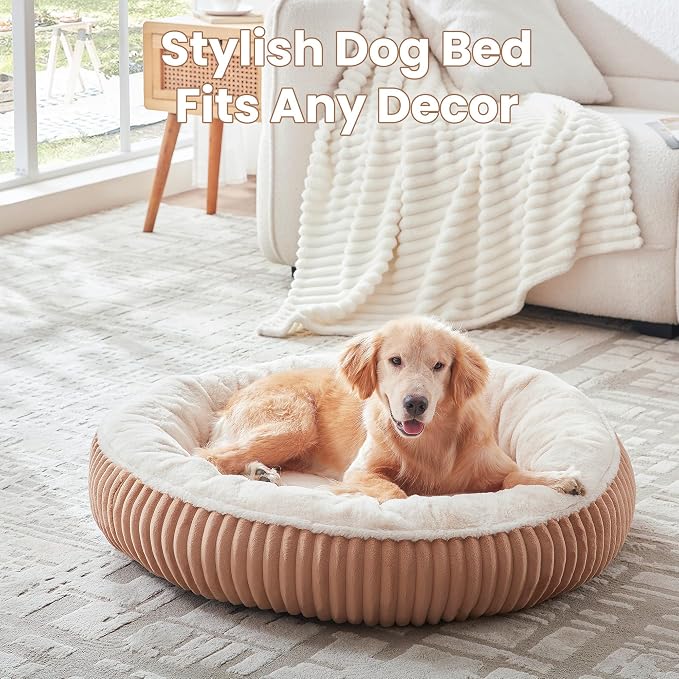 36 inches Calming Donut Dog Bed for Large Dogs,Mocha | Round Pet Bed with Removable&Washable Cover,Milk Plush Faux Fur, Fits Pets up to 80 lbs