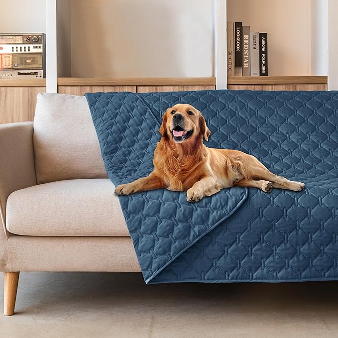 gogobunny Waterproof Dog Blankets for Large Dogs, Pet Bed Cover Breathable | Washable Pee Pads, Quilted Throw Blanket, Furniture Protector for Couch Sofa Bed Car, 82x82 Inch Dark Blue