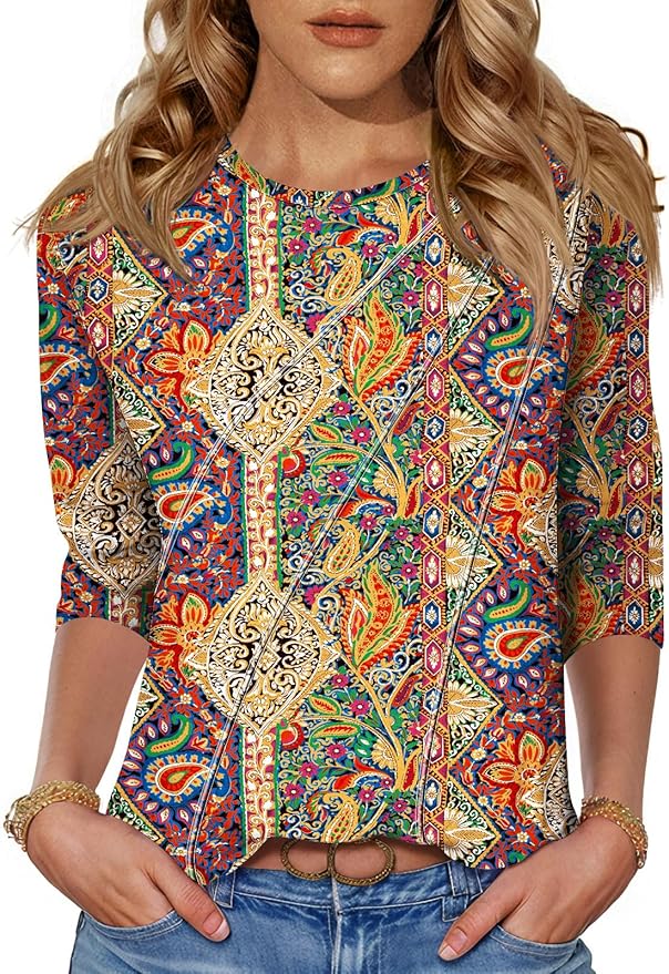 LOMON 3/4 Length Sleeve Womens Tops Spring Summer Fashion 2026 Tops Crew Neck Pleated Shirts Tunic Top Loose Fit