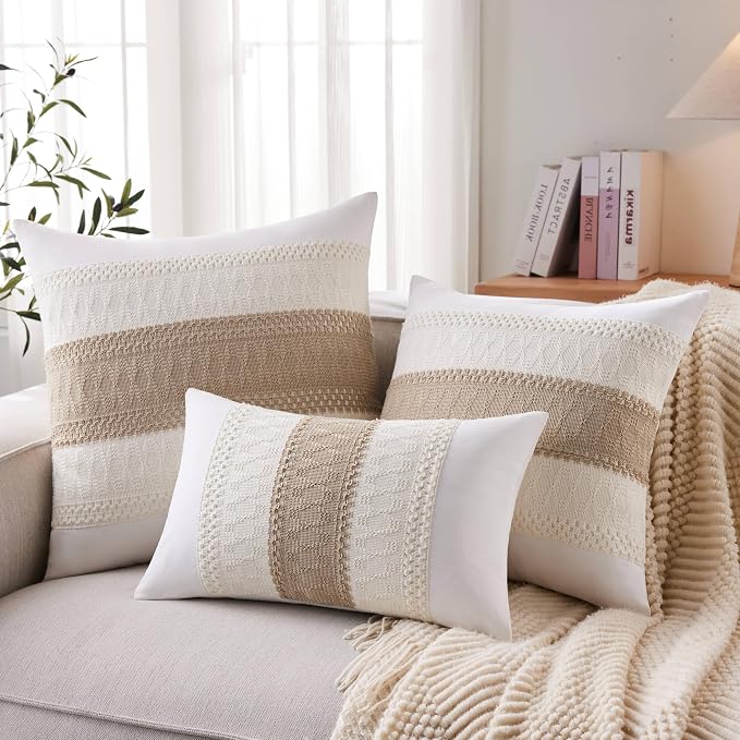 2pk Boho Pillow Covers 12x20, Natural White/Contrast/Taupe | 100% Organic Cotton Body, Stripe Embroidery, Farmhouse Decorative Cushion Covers for Sofa Bed Living Room Home Decor
