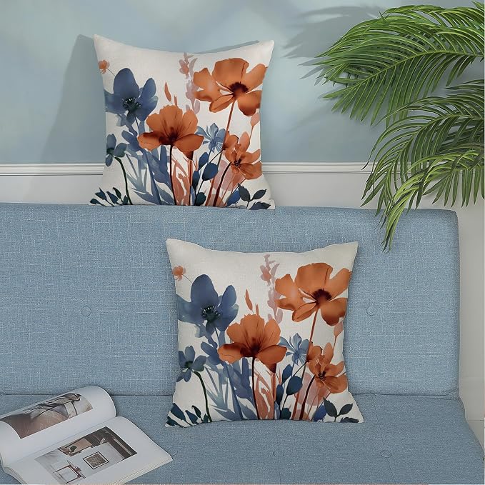 Fall Blue Orange Floral Throw Pillow Covers 18x18 Inches Set of 2 | Spring Summer Flower Pillow Covers Outdoor Rustic Decor Pillowcase Farmhouse Decorative Cushion Cover For Home Sofa