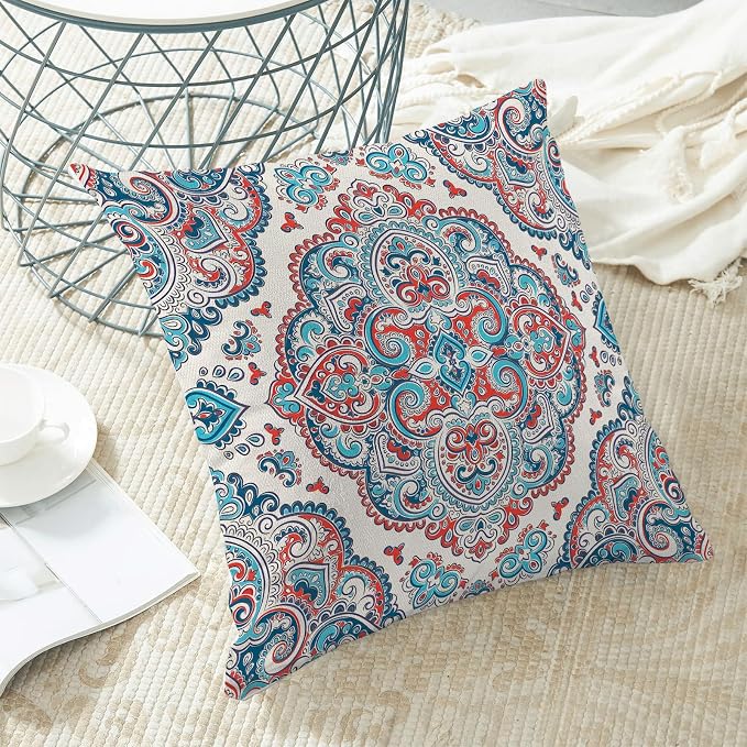 Aqua Teal Boho Pillow Covers 18x18 Inch Set of 2,Burnt Orange Carpet Pattern Throw Pillows Case,Ethnic Design Retro Outdoor Decorative Square Linen Farmhouse Decor Cushion Covers for Sofa Couch
