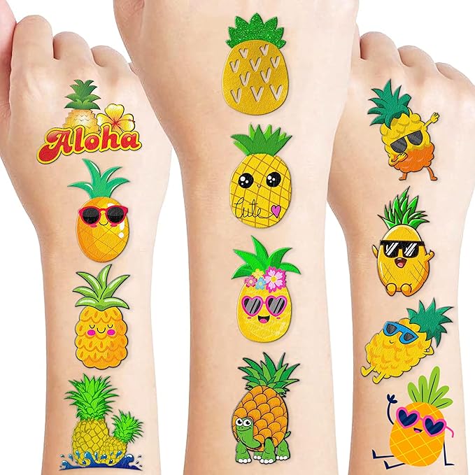 Pineapple Temporary Tattoos – 60 PCS (5 Sheets) Gold Summer Theme Birthday Party Favors, Cute Stickers for Kids Boys Girls, Classroom Prizes, Carnival Holiday Gifts