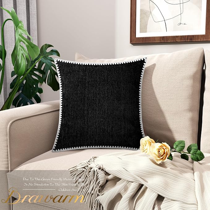 BRAWARM Chenille Throw Pillow Covers 22x22 Inches, Black, 2 Pack | Decorative Pillow Covers with Shell Edge, Soft Cushion Cases for Sofa Bed Living Room Home Farmhouse (No Insert)