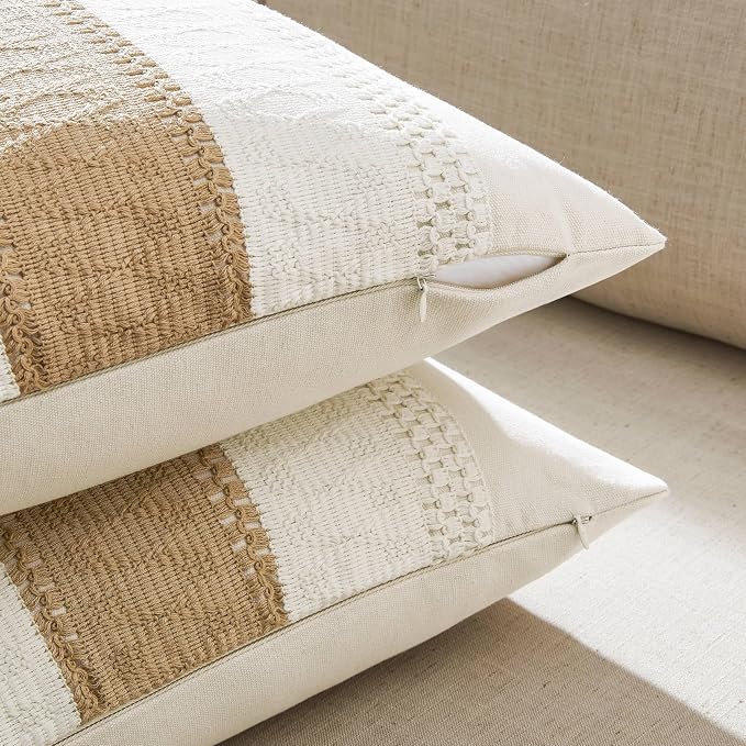 2 Pack Boho Throw Pillow Covers, Contrast Brown 16x16in | Soft Breathable Cotton, Farmhouse Decorative Couch Pillow Cases, Cushion Covers for Sofa Bed Living Room Home Decor