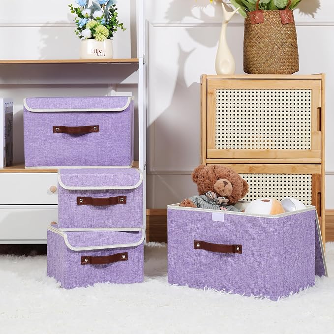 ANMINY Fabric Storage Box Bins with Lids, Purple, 10"x8"x7", 2 Pack | Keepsake Memory Storage, Cotton Linen, PP Board Reinforced, Washable, PU Handles, Foldable & Stackable, Decorative, Small