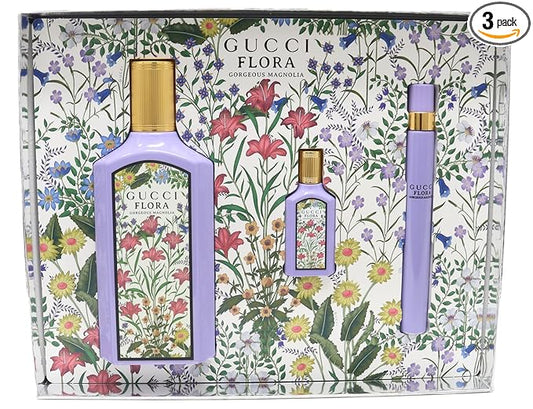 Gucci Flora Gorgeous Magnolia Woman's Gift Set: 100ml EDP Spray + Mini 10ml EDP Spray + Mini Pen 5ml EDP Spray - HARD BOX