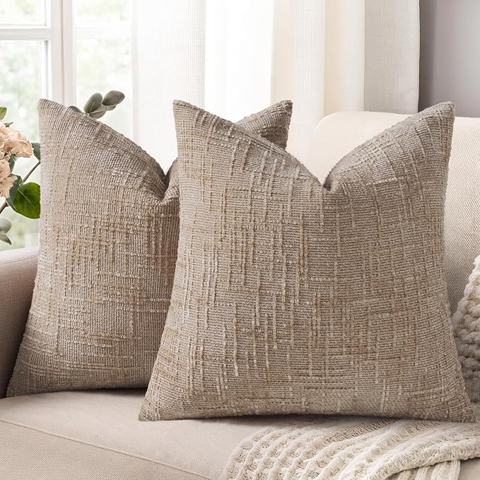 decorUhome Textured Chenille Throw Pillow Covers 16x16 Set of 2 Oatmeal | Fall Modern Farmhouse Soft Cozy Slubby Couch Pillow Cases Boho Decorative Pillow Cases for Bed Sofa Living Room Home Decor