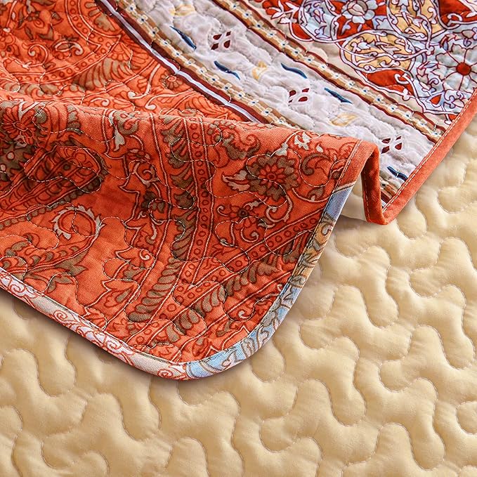 Exclusivo Mezcla Reversible Boho Quilted Throw Blanket, 50"x 60" | Lightweight Summer Quilt Throw, Designed for Bed/ Couch/ Sofa, Burnt Orange Striped Pattern