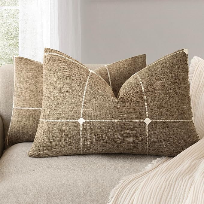 Foindtower Pack of 2 Decorative Faux Linen Jacquard Check Throw Pillow Covers Farmhouse Lumbar Cushion Cover with Grid Textured Accent Pillowcase for Couch Living Room Home Decor,12×20 Inch,Tan Khaki