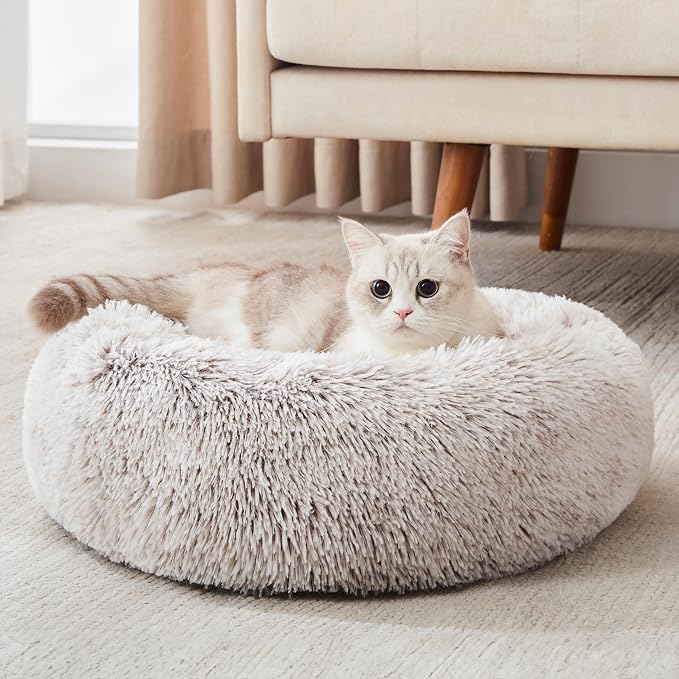 Western Home Calming Donut Cat Bed Small Dog Bed Washable,20" White Khaki | Fluffy Faux Fur Round Cuddler,Anti-Anxiety,Anti-Slip Bottom,Self-Warming Pet Bed for Small Dog&Kitten&Puppy,Up to 12 LBS